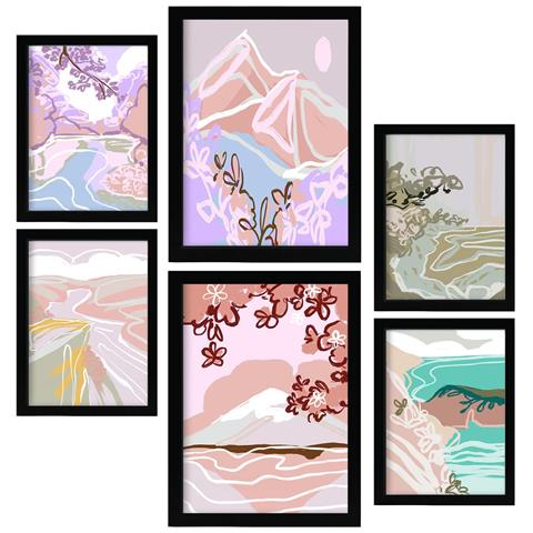 Set Di 6 Stampe Natura Silenziosa In Paesaggi Astratti, Dipinti Decorativi Estetici Per Il Tuo Soggiorno, Camera Da Letto, Casa A3 & A4 Cornice Nera - Foto 1