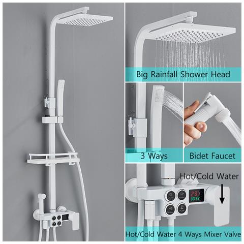 Colonna doccia, Blackswan, tipo M134, modello bianco regolabile, con bocca girevole, doccia ad alta pressione e display digitale, dimensione 120 cm - Foto 2