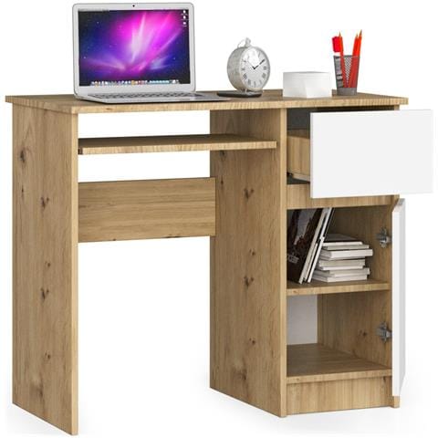 Scrivania per computer PIKSEL destro, 1 anta e 1 cassetto, 90x50x77 cm, Colore Quercia Artisan e Bianco - Foto 2