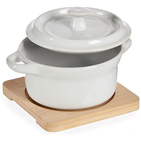 Casseruola Tonda In Ceramica Con Base In Bambù 10,5x13,5x8,5 Cm. Colore Bianco - Foto 1