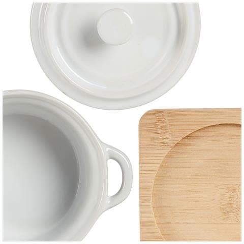 Casseruola Tonda In Ceramica Con Base In Bambù 10,5x13,5x8,5 Cm. Colore Bianco - Foto 2