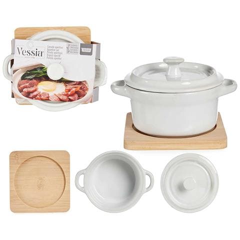 Casseruola Tonda In Ceramica Con Base In Bambù 10,5x13,5x8,5 Cm. Colore Bianco - Foto 4