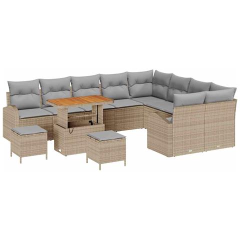 Set divani giardino 12 pezzi con cuscini beige polyrattan acacia, Set da pranzo giardino 3 pezzi con cuscini beige polyrattan acacia, Divano giardino a due posti con cuscini beige polyrattan - Foto 1
