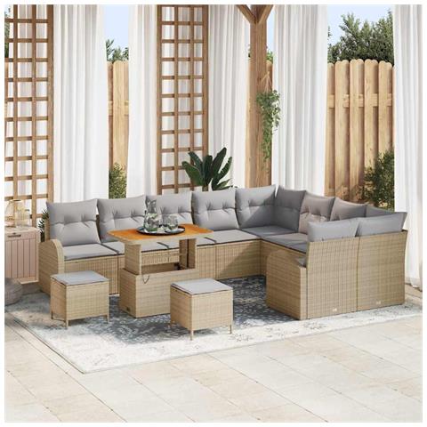 Set divani giardino 12 pezzi con cuscini beige polyrattan acacia, Set da pranzo giardino 3 pezzi con cuscini beige polyrattan acacia, Divano giardino a due posti con cuscini beige polyrattan - Foto 2