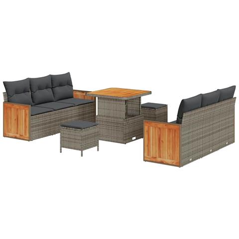 Set Divano Giardino 9 Pezzi con Cuscini Grigio Rattan Poliestere Acacia, Divano Giardino per 2 Persone con Cuscini Grigio Rattan Poliestere, Set da Pranzo Giardino 3 Pezzi con Cuscini Grigio Rattan Poliestere Acacia - Foto 1