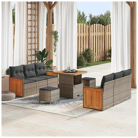 Set Divano Giardino 9 Pezzi con Cuscini Grigio Rattan Poliestere Acacia, Divano Giardino per 2 Persone con Cuscini Grigio Rattan Poliestere, Set da Pranzo Giardino 3 Pezzi con Cuscini Grigio Rattan Poliestere Acacia - Foto 2