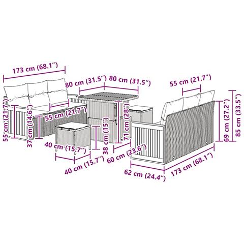 Set Divano Giardino 9 Pezzi con Cuscini Grigio Rattan Poliestere Acacia, Divano Giardino per 2 Persone con Cuscini Grigio Rattan Poliestere, Set da Pranzo Giardino 3 Pezzi con Cuscini Grigio Rattan Poliestere Acacia - Foto 9