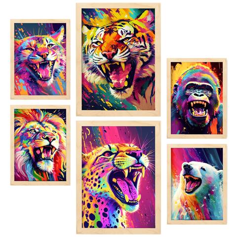 Set Di 6 Stampe Ritratto Di Animali Selvatici, Illustrazioni Vivaci In Stile Acquerello Di Animali Sorridenti, Design D'interni A3 & A4 Telaio In Legno Chiaro - Foto 1