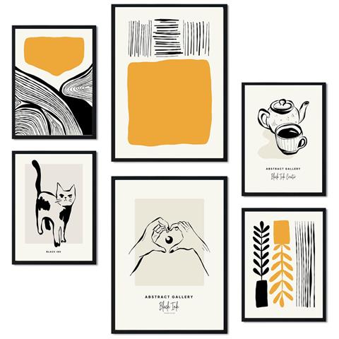 Set Di 6 Stampe Artistiche E Astratte Per L'interior Design Con Inchiostro Nero A3 & A4 Cornice Nera - Foto 1