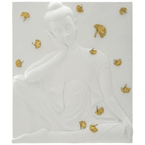 Pannello Da Parete Buddha In Resina Bianca Con Foglie Di Ginkgo Dorate - Foto 1