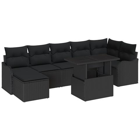 Set di Divani da Giardino a 8 Pezzi con Cuscini Rattan Nero Polyrattan, Divano da Giardino a 2 Posti con Cuscini Rattan Nero Polyrattan - Foto 1