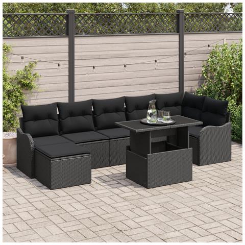 Set di Divani da Giardino a 8 Pezzi con Cuscini Rattan Nero Polyrattan, Divano da Giardino a 2 Posti con Cuscini Rattan Nero Polyrattan - Foto 2
