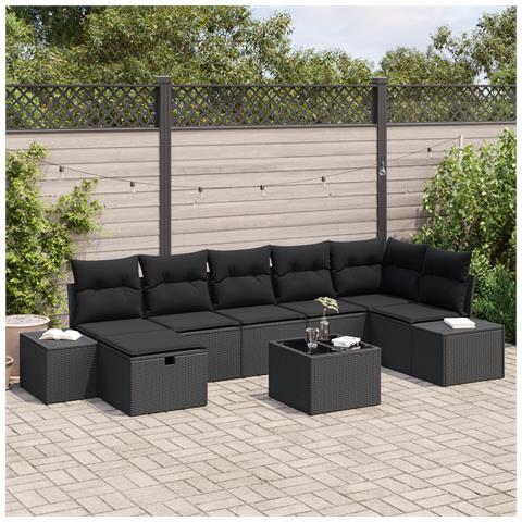 set divano da giardino 8 pezzi con cuscini neri polyrattan - Foto 2