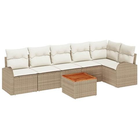 Set Divano da Giardino da 7 Pezzi con Cuscini Beige in Polyrattan e Acacia - Foto 1