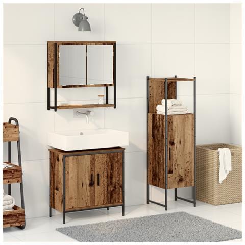Set di mobili da bagno 3 pezzi in legno vecchio e legno ingegnerizzato - Foto 2