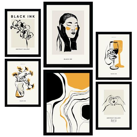 Set Di 6 Stampe Artistiche E Astratte Sofisticate Con Inchiostro Nero Per L'interior Design A3 & A4 Cornice Nera - Foto 1