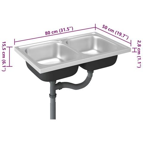 Lavello Cucina Doppia Vasca 800x500x155 mm Argento Acciaio Inox - Foto 10