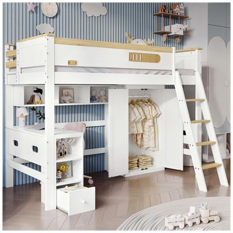 Letto A Castello 90x200cm, Casa Letto, Letto Per Bambini, Con Cancelletto Di Sicurezza, Con Tavolo E Armadio, Bianco+naturale, Senza Materasso - Foto 1