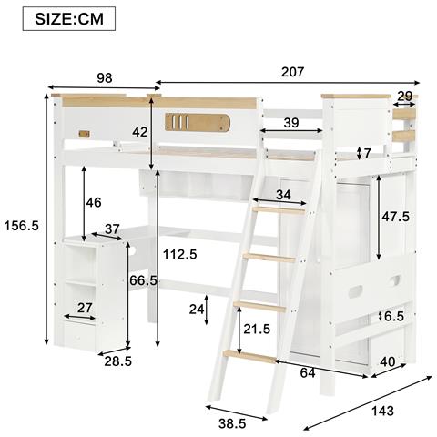 Letto A Castello 90x200cm, Casa Letto, Letto Per Bambini, Con Cancelletto Di Sicurezza, Con Tavolo E Armadio, Bianco+naturale, Senza Materasso - Foto 2