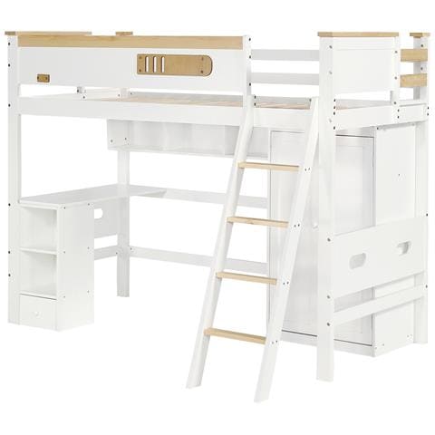 Letto A Castello 90x200cm, Casa Letto, Letto Per Bambini, Con Cancelletto Di Sicurezza, Con Tavolo E Armadio, Bianco+naturale, Senza Materasso - Foto 4