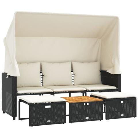 Divano Giardino 3 Posti Baldacchino e Sgabelli Nero Polyrattan - Foto 1