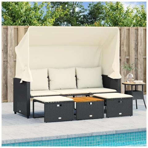 Divano Giardino 3 Posti Baldacchino e Sgabelli Nero Polyrattan - Foto 2