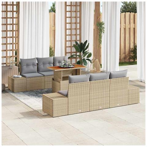 Set Divano da Giardino da 7 Pezzi con Cuscini Beige in Rattan Poliestere - Foto 2