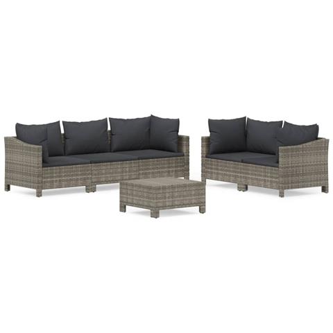 Set Divani da Giardino 6 pz con Cuscini in Polyrattan Grigio - Foto 1