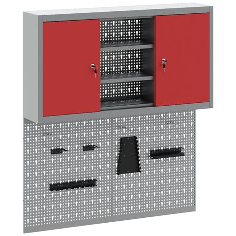 Set da Muro con Mobile per Attrezzi e Pannello Utensili a 3 Pezzi  Rosso Metallico - Foto 1