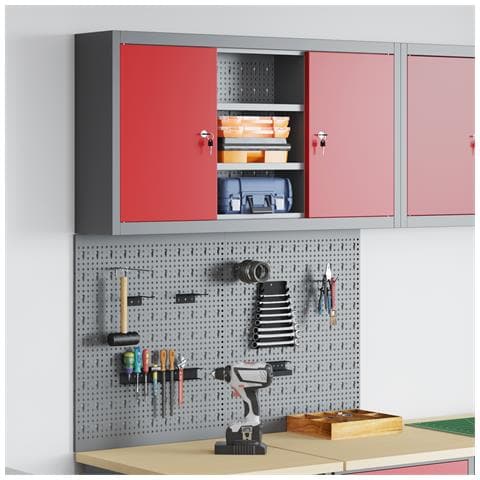 Set da Muro con Mobile per Attrezzi e Pannello Utensili a 3 Pezzi  Rosso Metallico - Foto 2