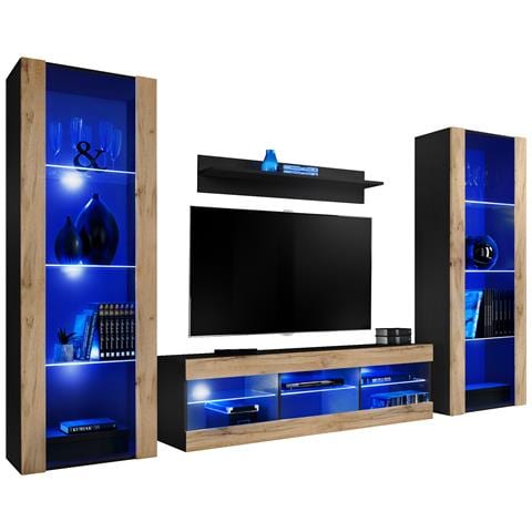 Komodee, Set di mobili porta TV Tivoli Grande RTV, Nero Wotan, LED Blu, Larghezza 250 cm x Altezza 159 cm x Profondità 35 cm, Per soggiorno, Camera da letto - Foto 1