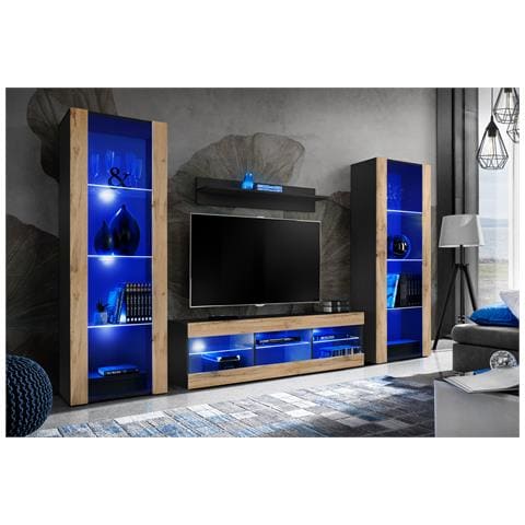 Komodee, Set di mobili porta TV Tivoli Grande RTV, Nero Wotan, LED Blu, Larghezza 250 cm x Altezza 159 cm x Profondità 35 cm, Per soggiorno, Camera da letto - Foto 2