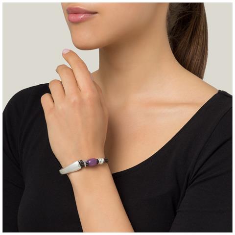 Bracciale In Pelle Nera E Resina Ametista Placcata Argento - Foto 3