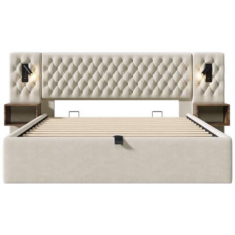 Set Letto In Velluto Beige Con Comodini E Luce Di Lettura Integrata - Foto 3