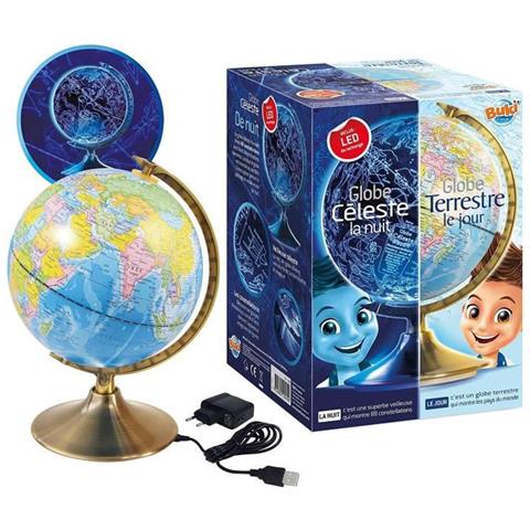 Buki France Globo Giorno E Notte 21 Cm Con Luce LED – Mappa Politica E Costellazioni, Supporto In Metallo, Adattatore EU Incluso, Versione Francese