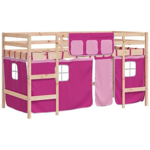Letto A Soppalco Con Tende Bambini Rosa 80x200 Cm Massello Pino - Foto 1