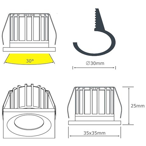 Mini Spot Led 3w - Dimmerabile - 300lumen - Classe A++ - Luce Calda 3000k - Faretto Led Da Incasso Quadro 35x35x25mm - Alimentato 220v / 230v Ac - Pack 2 Spot (1 Scatola Da 2 Spot) - Foto 2