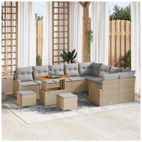 Set Divani Giardino 12 Pezzi Cuscini Beige Polyrattan Acacia,  Divano Giardino 2 Posti Ripostiglio Cuscini Beige Polyrattan,  Set Pranzo Giardino 3 Pezzi Cuscini Beige Polyrattan Acacia - Foto 2