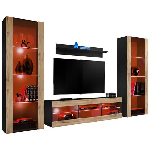 Komodee, Set di mobili porta TV Tivoli Grande RTV, Nero Wotan, LED RGB, Larghezza 250 cm x Altezza 159 cm x Profondità 35 cm, Per soggiorno, Camera da letto - Foto 1