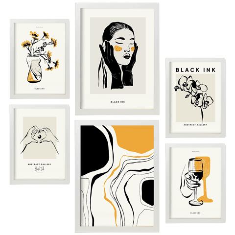 Set Di 6 Stampe Artistiche E Astratte Sofisticate Con Inchiostro Nero Per L'interior Design A3 & A4 Cornice Bianca - Foto 1