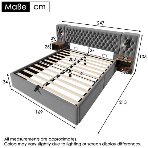 Set Letto Retrò In Velluto Grigio Con Due Comodini In Legno - Foto 2