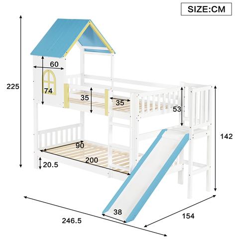Letto A Castello, Letto A Casetta, Letto Per Bambini, Letto Per Bambini Con Tetto E Finestra, Con Protezione Anticaduta E Ringhiera, Con Scala A Tre Posizioni, Con Scivolo, Pino+mdf, Bianco+blu, 90x200cm, Senza Materasso - Foto 2