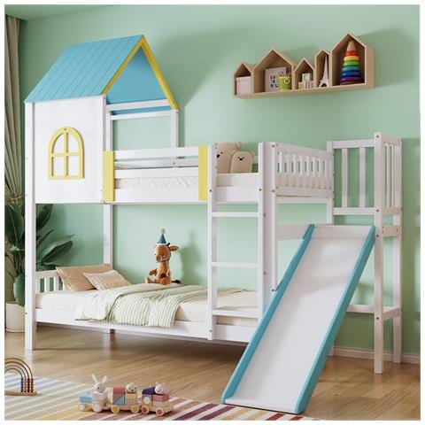 Letto A Castello, Letto A Casetta, Letto Per Bambini, Letto Per Bambini Con Tetto E Finestra, Con Protezione Anticaduta E Ringhiera, Con Scala A Tre Posizioni, Con Scivolo, Pino+mdf, Bianco+blu, 90x200cm, Senza Materasso - Foto 1