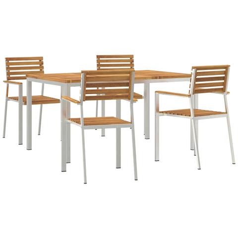 Set da Pranzo da Giardino 5 Pezzi in Legno Massello di Acacia , Tavolo da Pranzo Esterno 150x90x75 cm in Legno Massello di Acacia , Sedie da Giardino Impilabili 4 pz in Legno Massello di Acacia e Acciaio - Foto 1