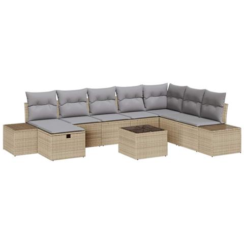 Set di Divani da Giardino a 9 Pezzi con Cuscini Beige in Polyrattan - Foto 1