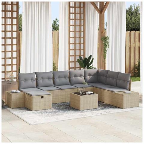 Set di Divani da Giardino a 9 Pezzi con Cuscini Beige in Polyrattan - Foto 2
