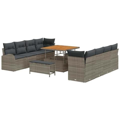 Set di divano da giardino 11 pezzi con cuscini Grigio Polyrattan Acacia, Divano da giardino 2 posti con cuscini Grigio Polyrattan, Set da pranzo da giardino 3 pezzi con cuscini Grigio Polyrattan Acacia - Foto 1