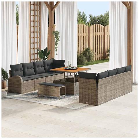 Set di divano da giardino 11 pezzi con cuscini Grigio Polyrattan Acacia, Divano da giardino 2 posti con cuscini Grigio Polyrattan, Set da pranzo da giardino 3 pezzi con cuscini Grigio Polyrattan Acacia - Foto 2
