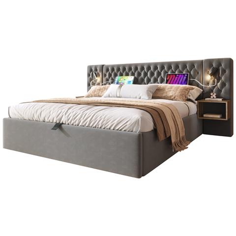 Set Letto Retrò Grigio Con Due Comodini E Stoccaggio Idraulico - Foto 1