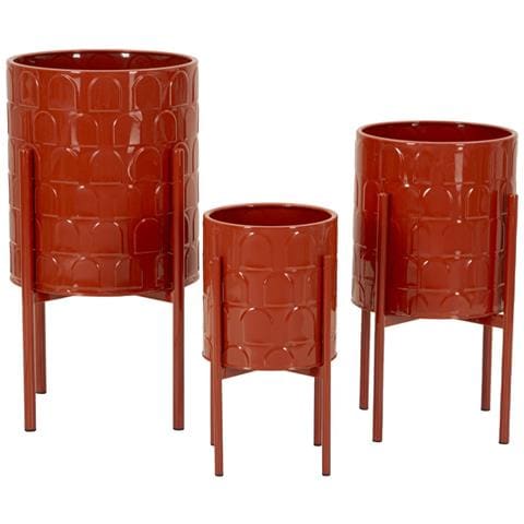 Set 3 Porta-vasi Archy In Ferro Laccato Rosso Con Piedistallo - Foto 1
